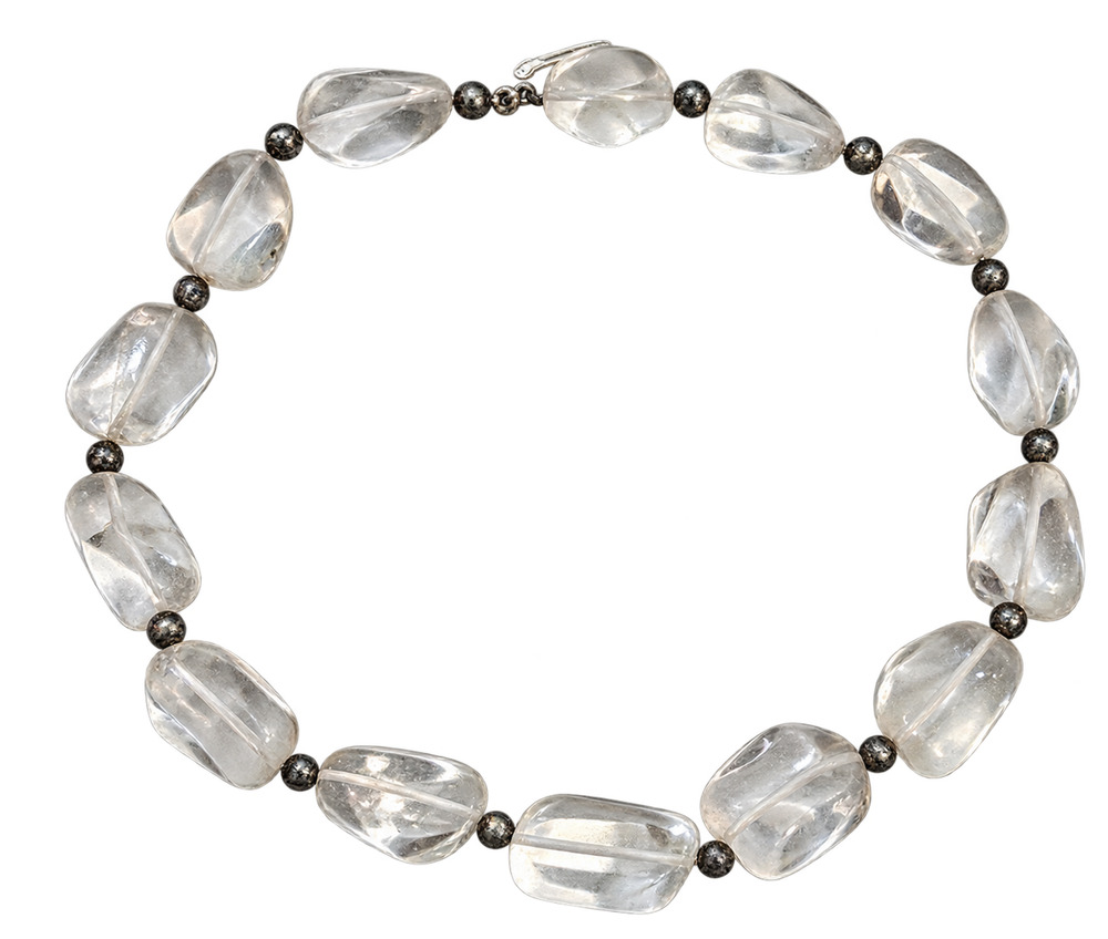 Natural Clear Quartz Chunky Nugget Bead Necklace 19" Sterling Tone Vintage